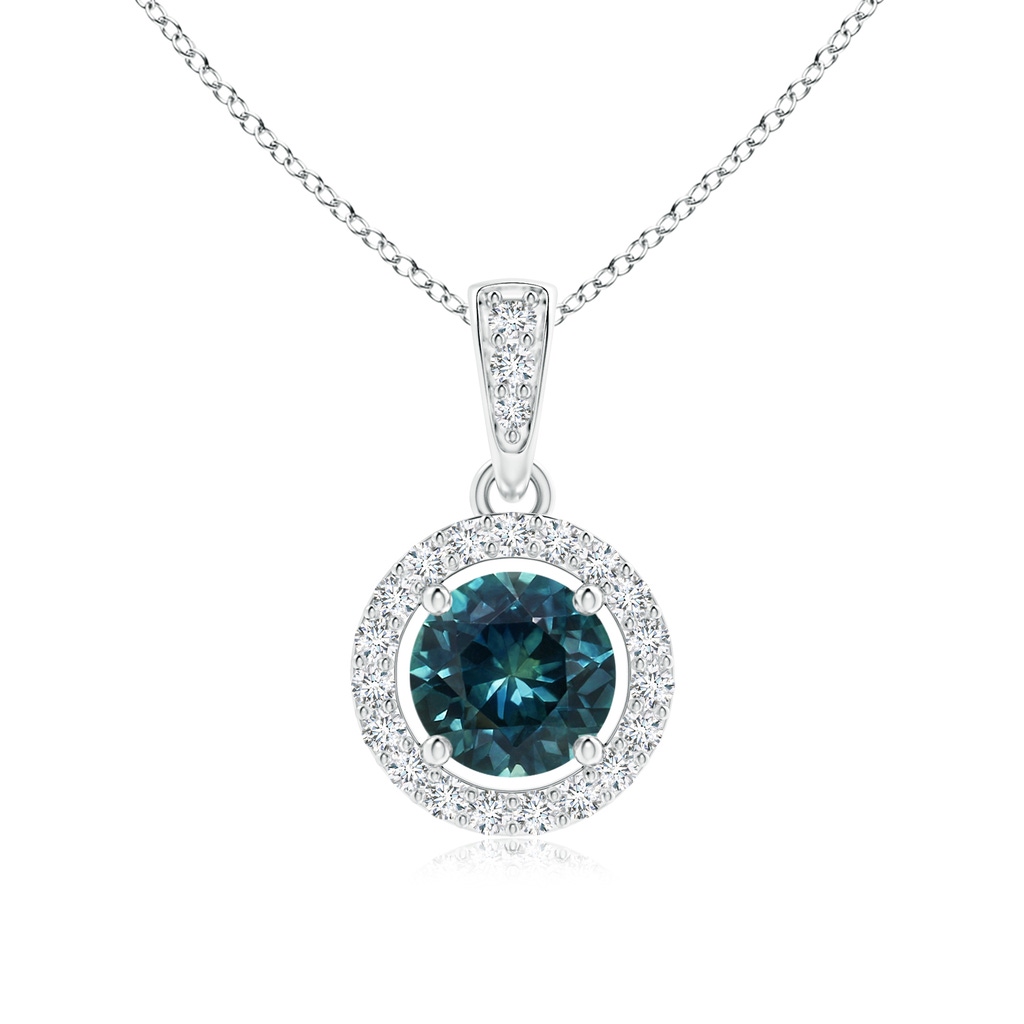 5mm AAA Floating Teal Montana Sapphire Pendant with Diamond Halo in White Gold