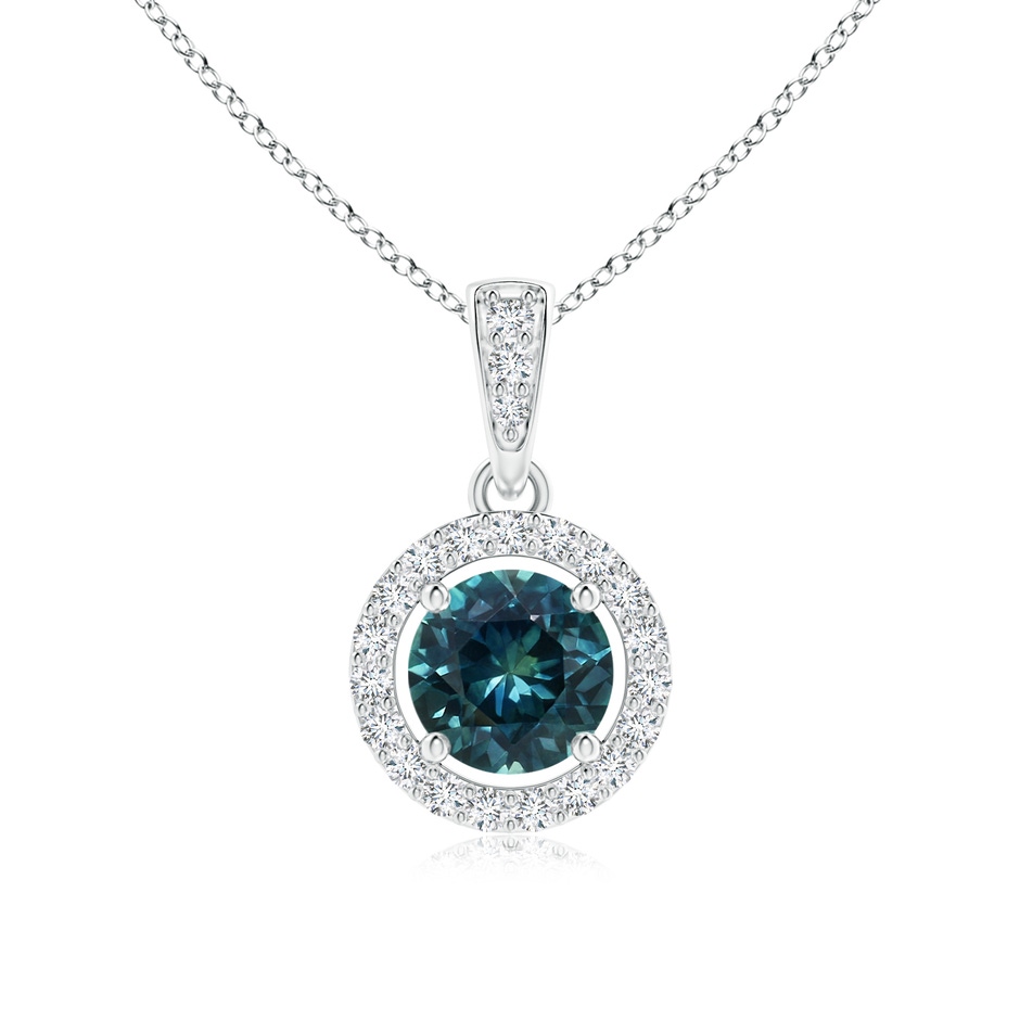 5mm AAA Floating Teal Montana Sapphire Pendant with Diamond Halo in White Gold 