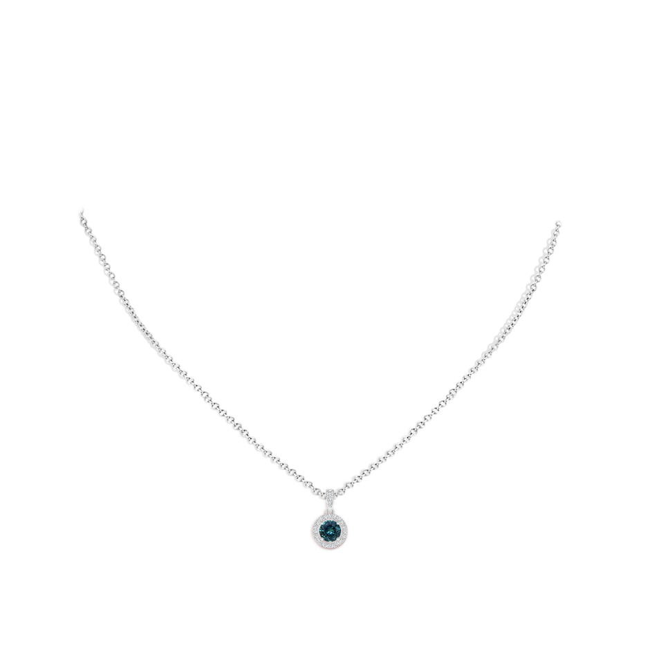 5mm AAA Floating Teal Montana Sapphire Pendant with Diamond Halo in White Gold pen