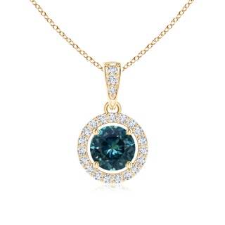 5mm AAA Floating Teal Montana Sapphire Pendant with Diamond Halo in Yellow Gold