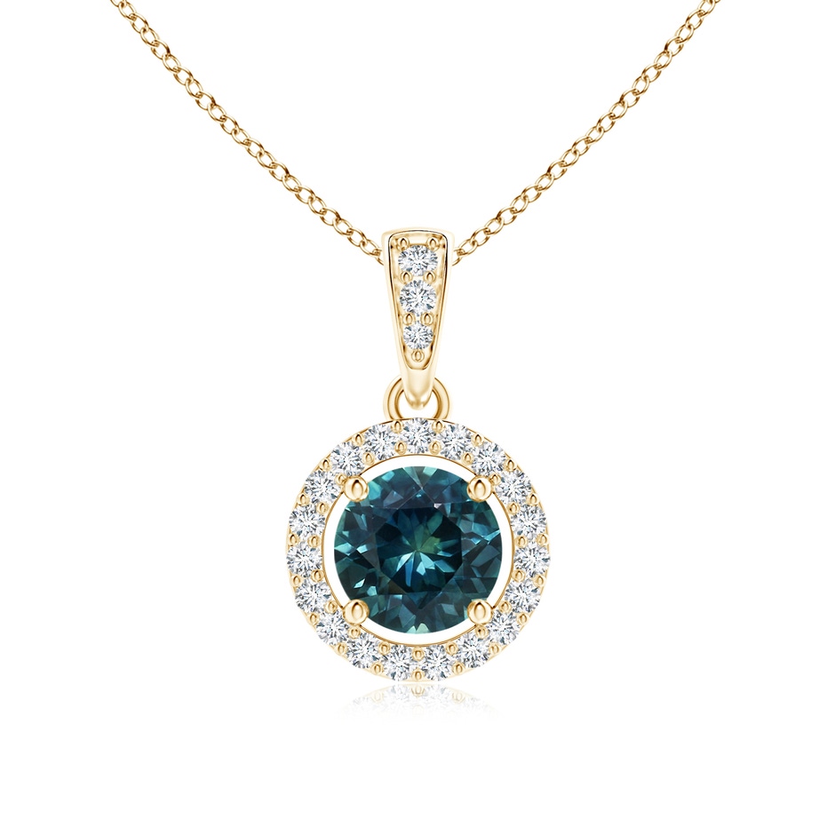 5mm AAA Floating Teal Montana Sapphire Pendant with Diamond Halo in Yellow Gold 