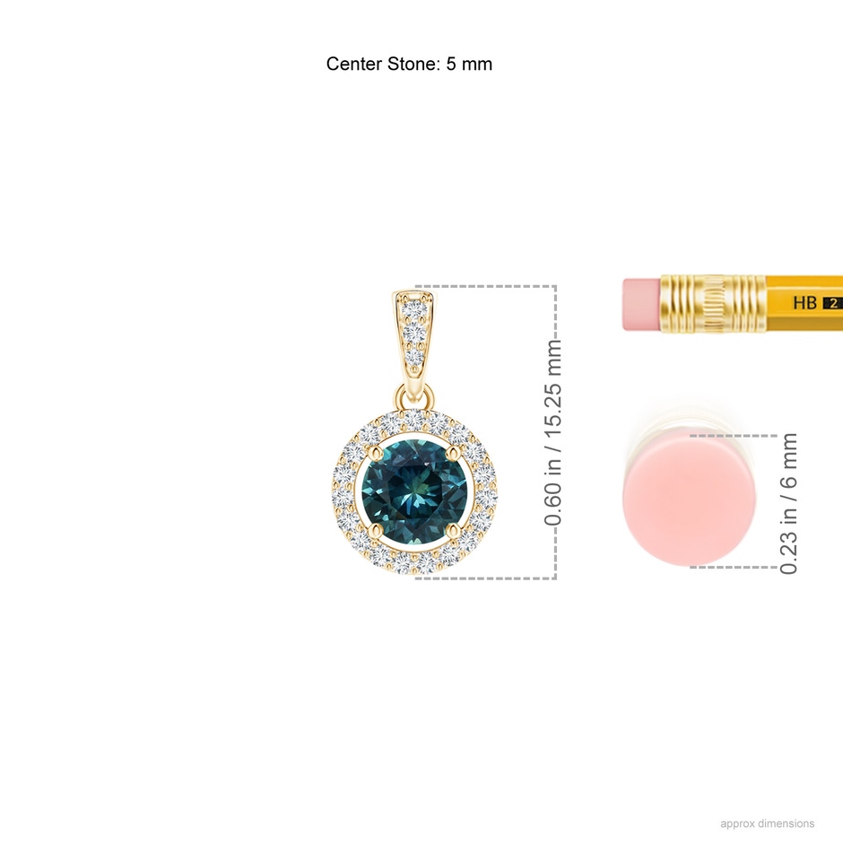 5mm AAA Floating Teal Montana Sapphire Pendant with Diamond Halo in Yellow Gold ruler