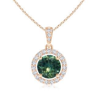 6mm AA Floating Teal Montana Sapphire Pendant with Diamond Halo in Rose Gold