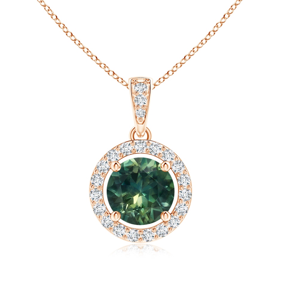 6mm AA Floating Teal Montana Sapphire Pendant with Diamond Halo in Rose Gold 