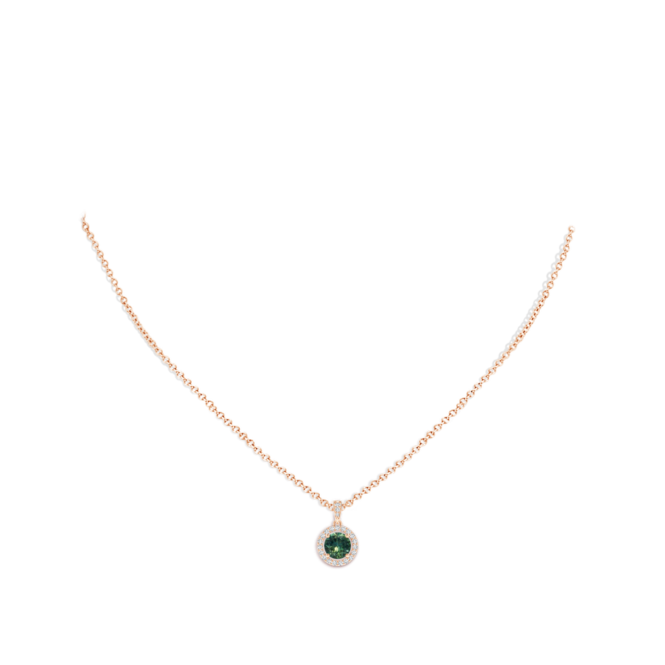 6mm AA Floating Teal Montana Sapphire Pendant with Diamond Halo in Rose Gold pen