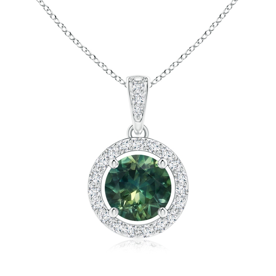 6mm AA Floating Teal Montana Sapphire Pendant with Diamond Halo in White Gold 