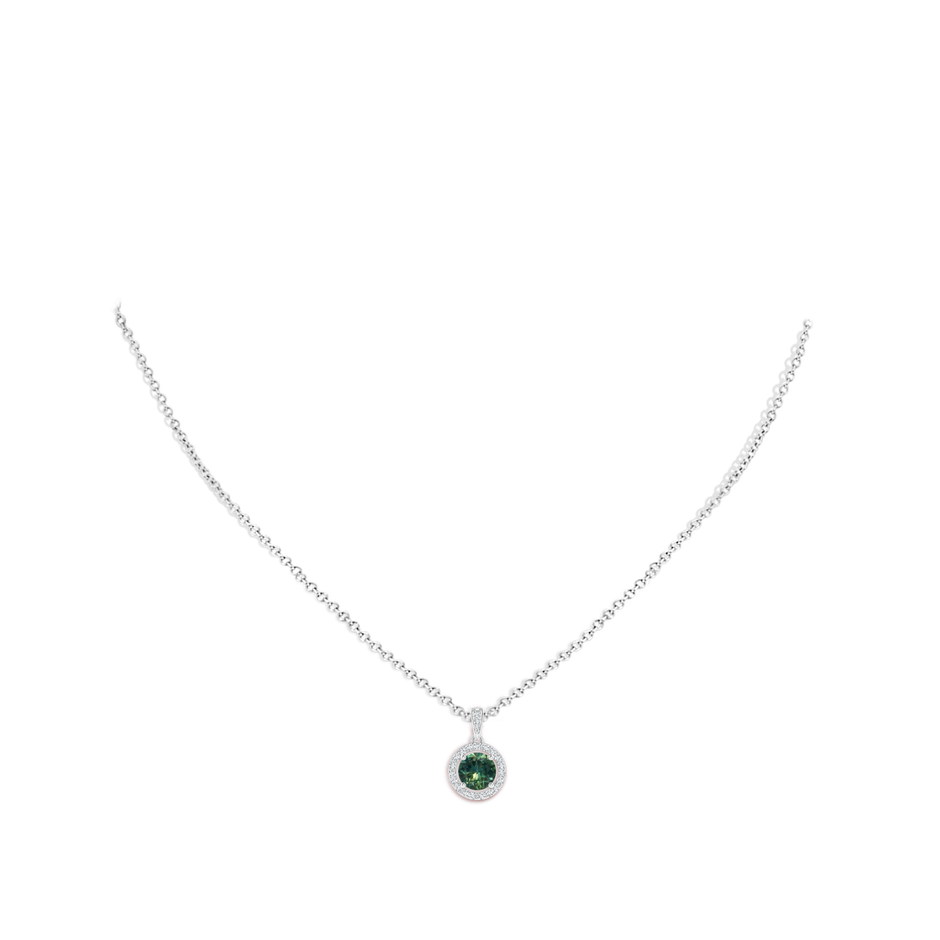 6mm AA Floating Teal Montana Sapphire Pendant with Diamond Halo in White Gold pen