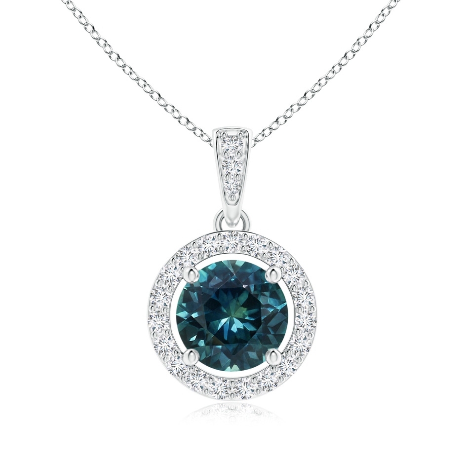 6mm AAA Floating Teal Montana Sapphire Pendant with Diamond Halo in P950 Platinum 