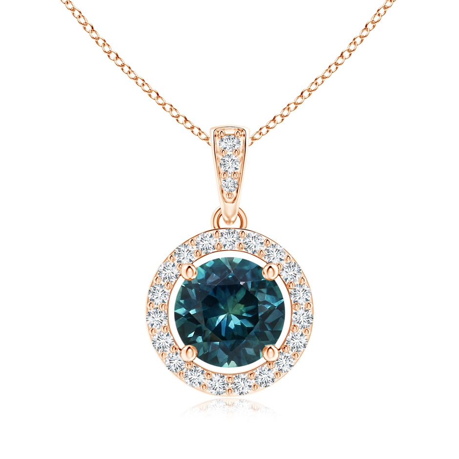 6mm AAA Floating Teal Montana Sapphire Pendant with Diamond Halo in Rose Gold 