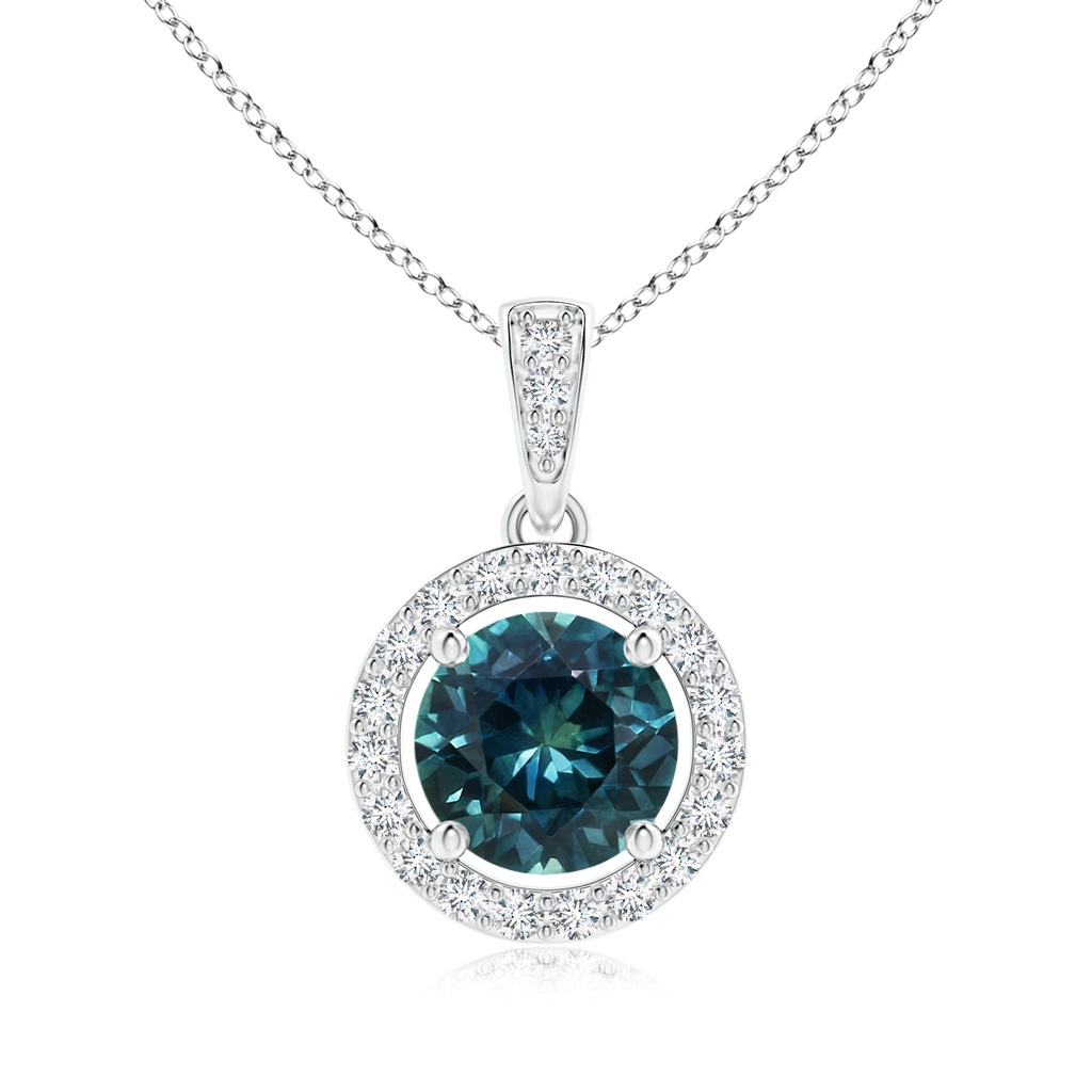 6mm AAA Floating Teal Montana Sapphire Pendant with Diamond Halo in White Gold