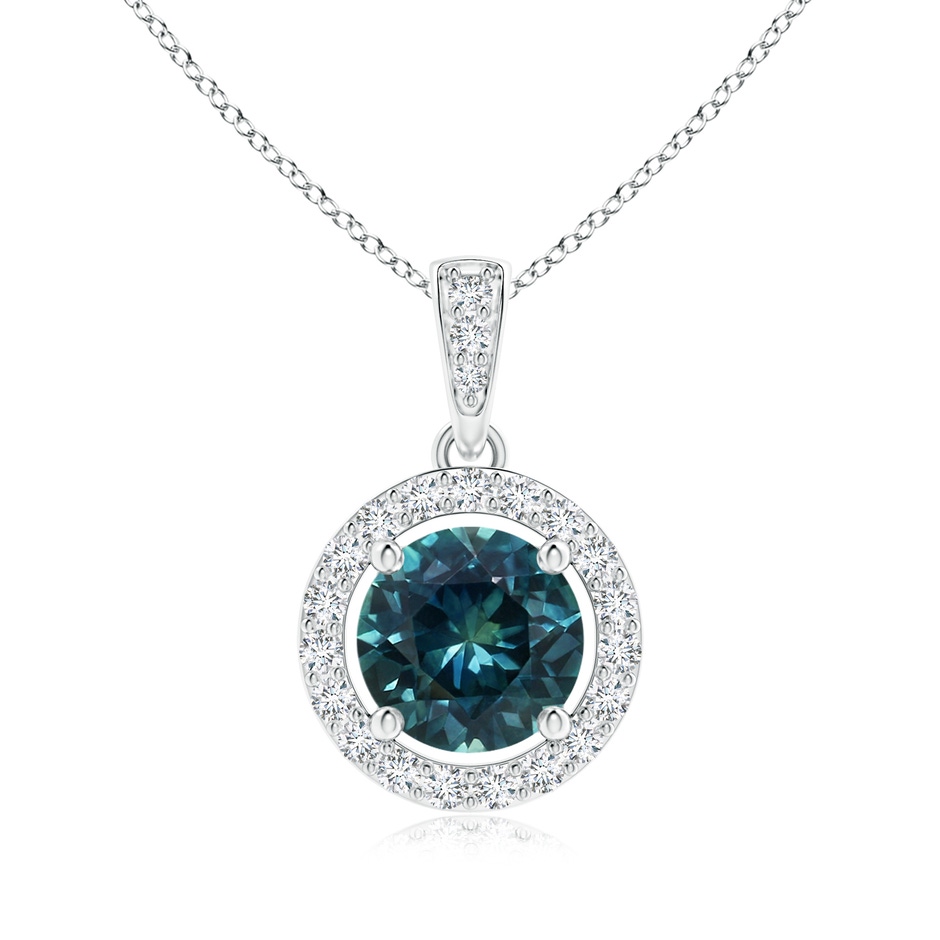 6mm AAA Floating Teal Montana Sapphire Pendant with Diamond Halo in White Gold 