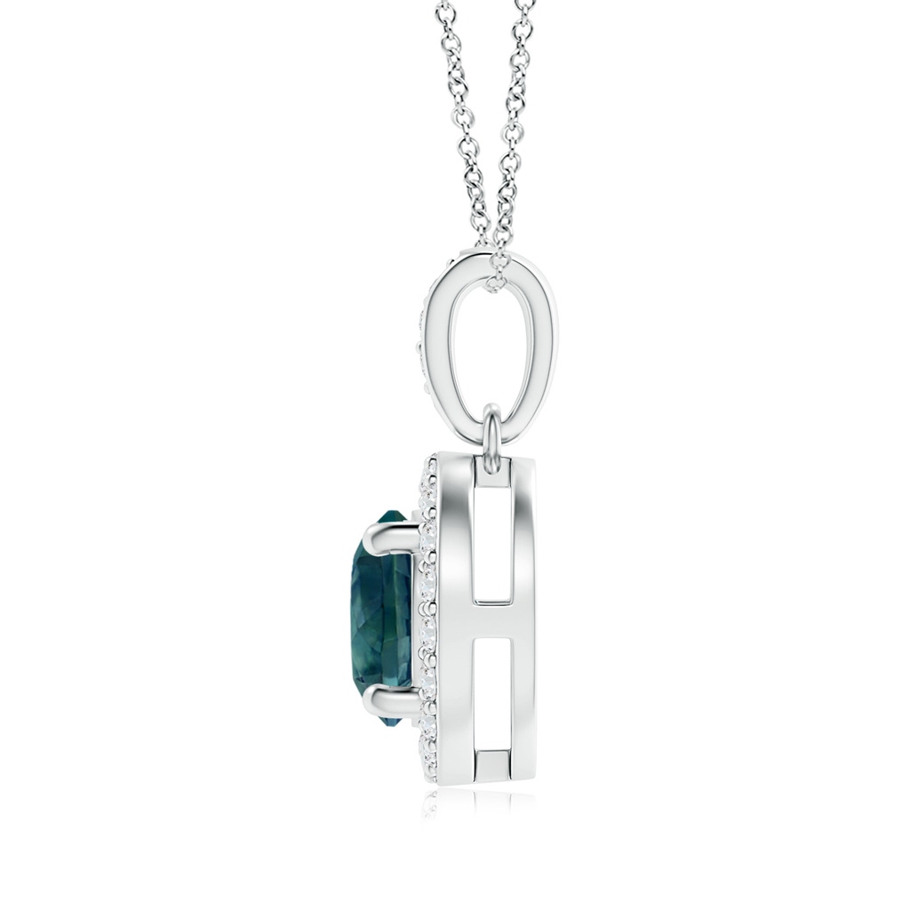 6mm AAA Floating Teal Montana Sapphire Pendant with Diamond Halo in White Gold Side 1