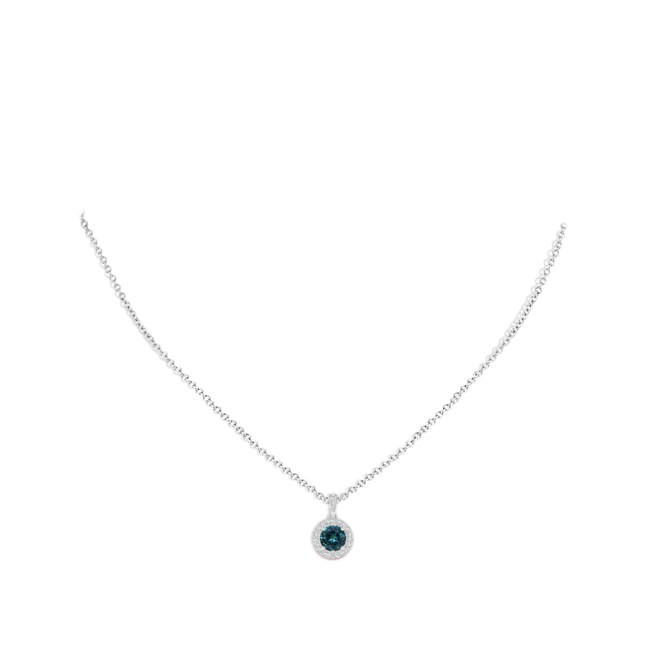 6mm AAA Floating Teal Montana Sapphire Pendant with Diamond Halo in White Gold pen