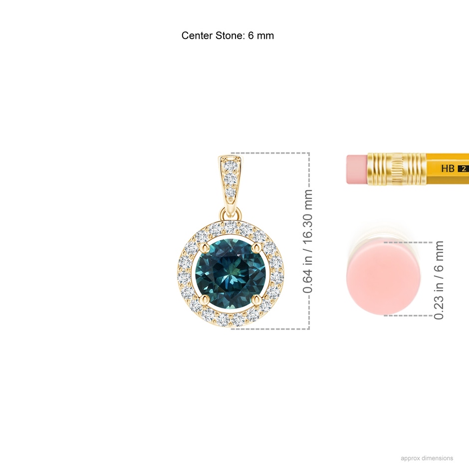 6mm AAA Floating Teal Montana Sapphire Pendant with Diamond Halo in Yellow Gold ruler