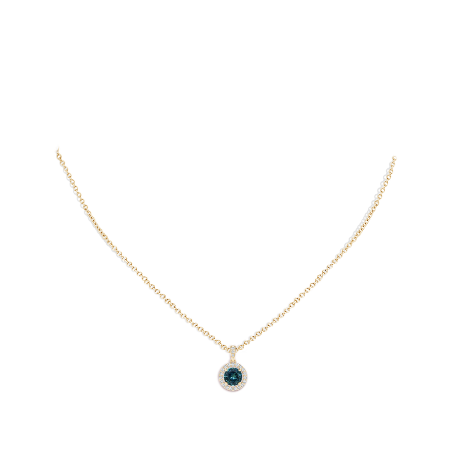 6mm AAA Floating Teal Montana Sapphire Pendant with Diamond Halo in Yellow Gold pen