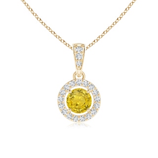 4mm AAA Floating Yellow Sapphire Pendant with Diamond Halo in Yellow Gold