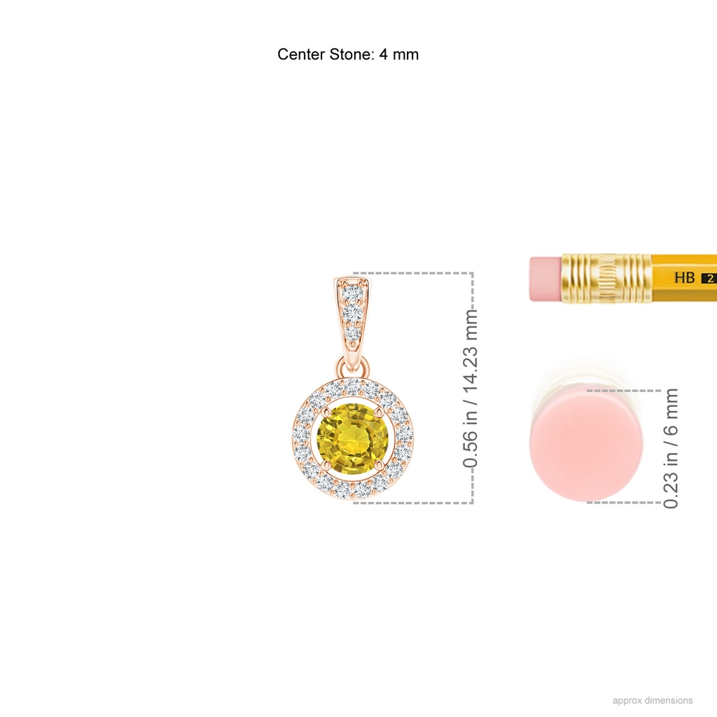 4mm AAAA Floating Yellow Sapphire Pendant with Diamond Halo in Rose Gold Ruler