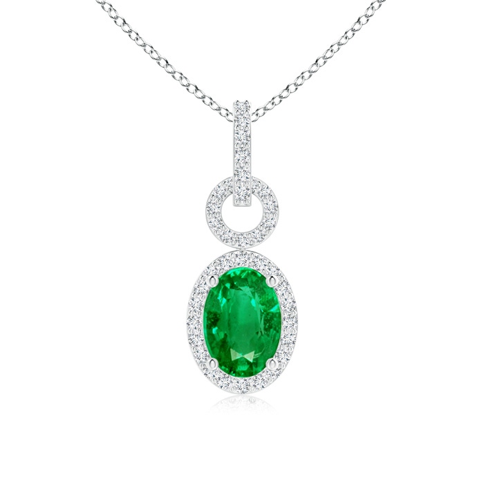 7x5mm AAA Oval Emerald Drop Pendant with Diamond Halo in White Gold 
