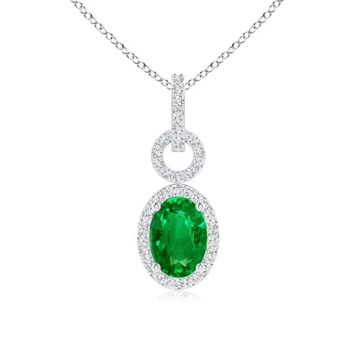 7x5mm AAAA Oval Emerald Drop Pendant with Diamond Halo in White Gold