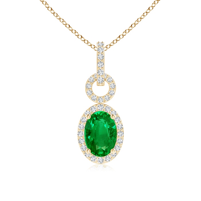 7x5mm AAAA Oval Emerald Drop Pendant with Diamond Halo in Yellow Gold