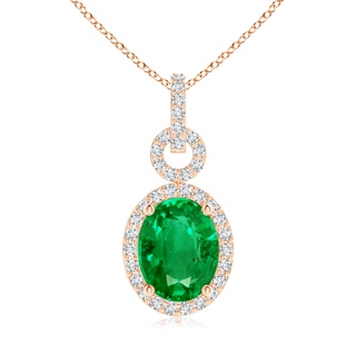 9x7mm AAA Oval Emerald Drop Pendant with Diamond Halo in 9K Rose Gold