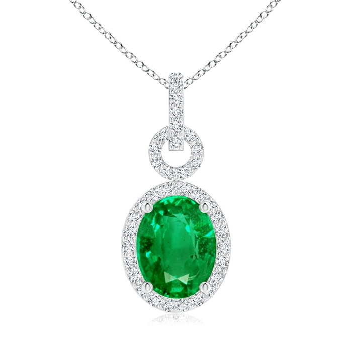 9x7mm AAA Oval Emerald Drop Pendant with Diamond Halo in White Gold