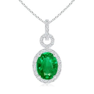 9x7mm AAA Oval Emerald Drop Pendant with Diamond Halo in White Gold