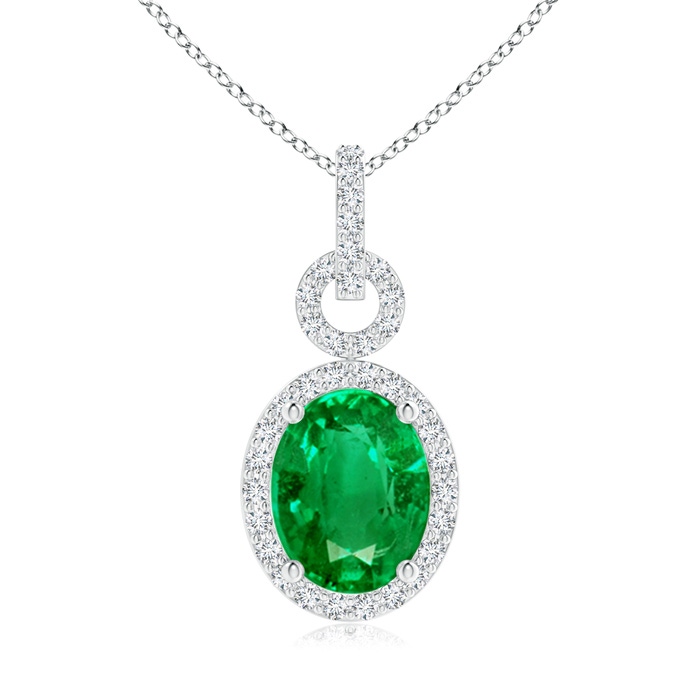 9x7mm AAA Oval Emerald Drop Pendant with Diamond Halo in White Gold 