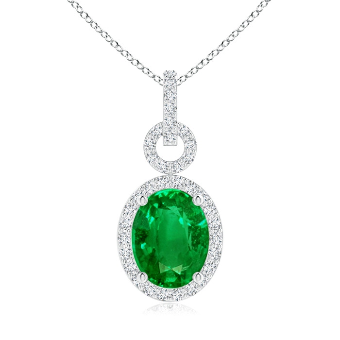 9x7mm AAAA Oval Emerald Drop Pendant with Diamond Halo in White Gold