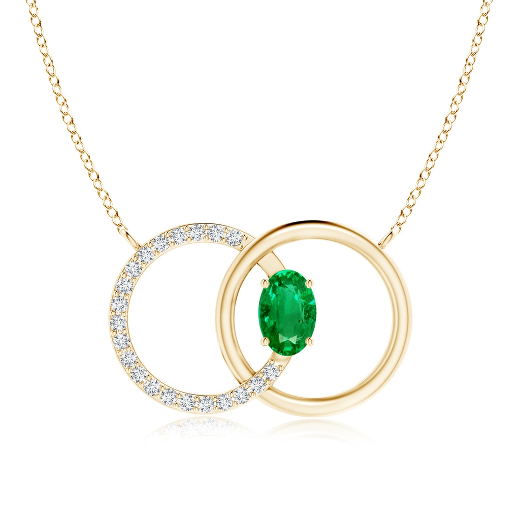 6x4mm AAA Emerald Interlocking Circle Necklace with Diamond Accents in Yellow Gold