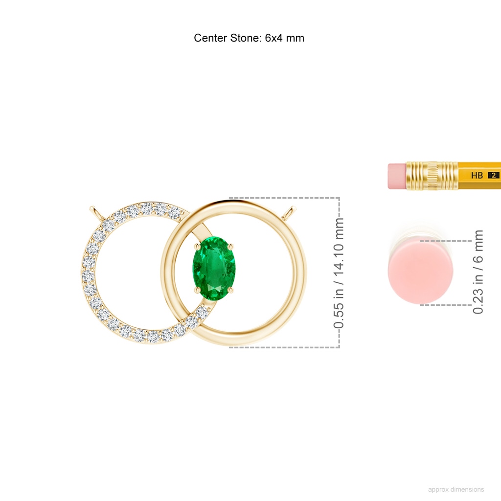 6x4mm AAA Emerald Interlocking Circle Necklace with Diamond Accents in Yellow Gold ruler