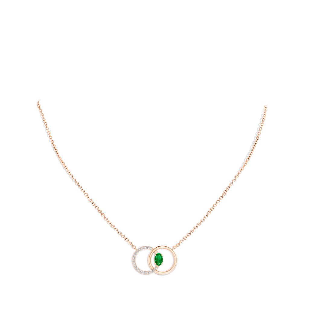 6x4mm AAAA Emerald Interlocking Circle Necklace with Diamond Accents in 18K Rose Gold pen