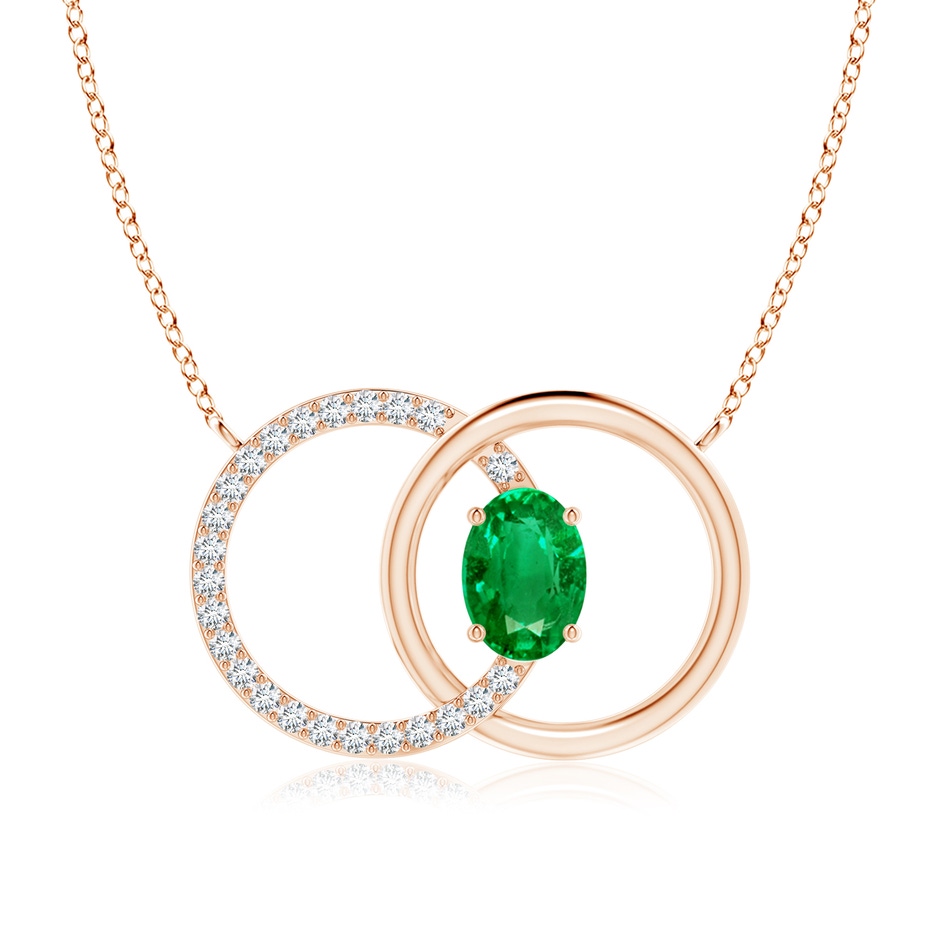7x5mm AAA Emerald Interlocking Circle Necklace with Diamond Accents in Rose Gold 