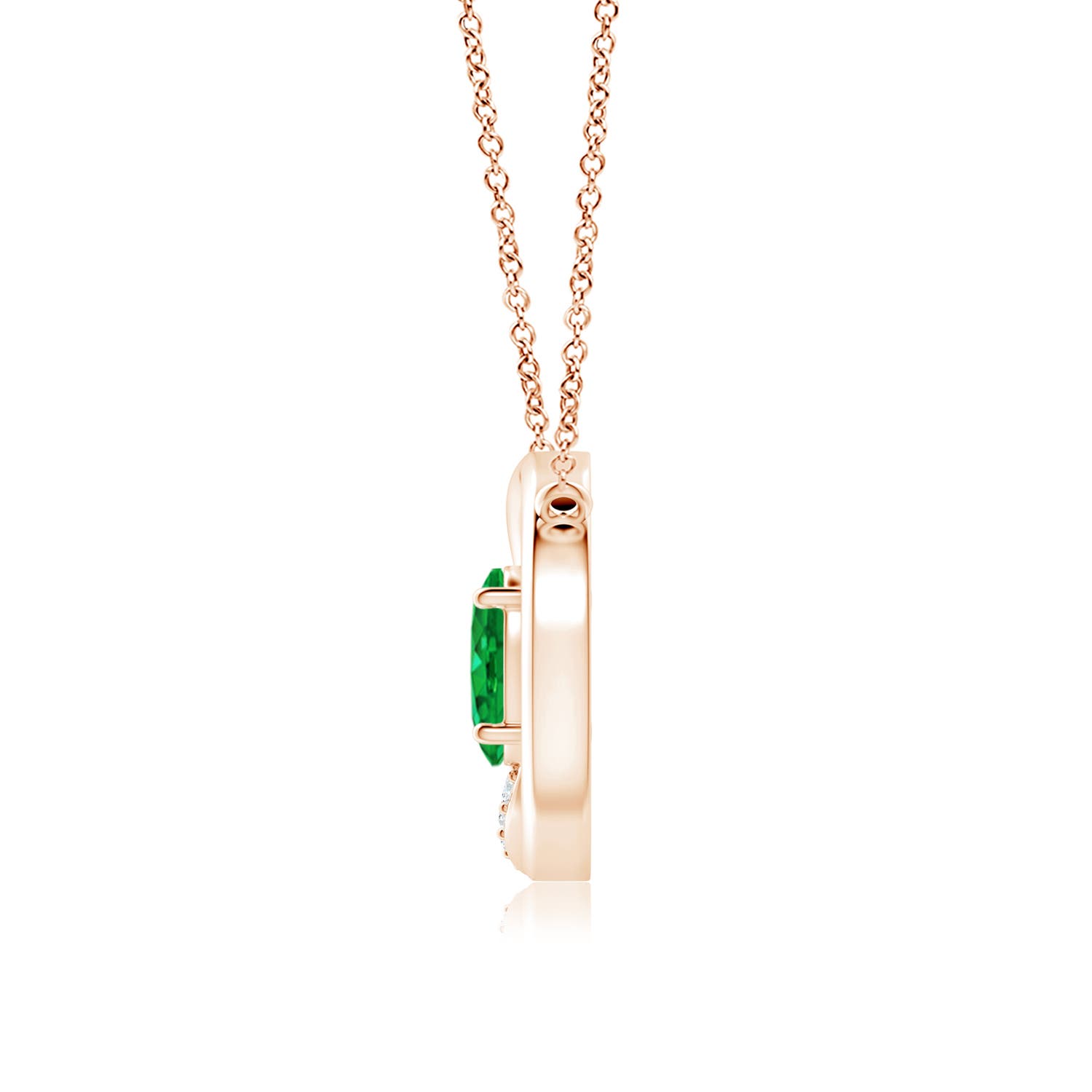 7x5mm AAA Emerald Interlocking Circle Necklace with Diamond Accents in Rose Gold