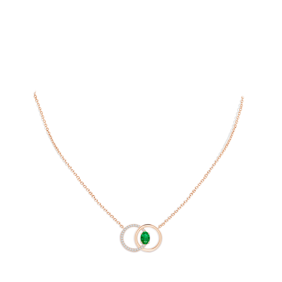 7x5mm AAA Emerald Interlocking Circle Necklace with Diamond Accents in Rose Gold pen