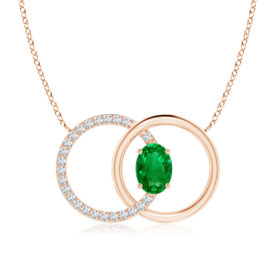 7x5mm AAAA Emerald Interlocking Circle Necklace with Diamond Accents in Rose Gold 