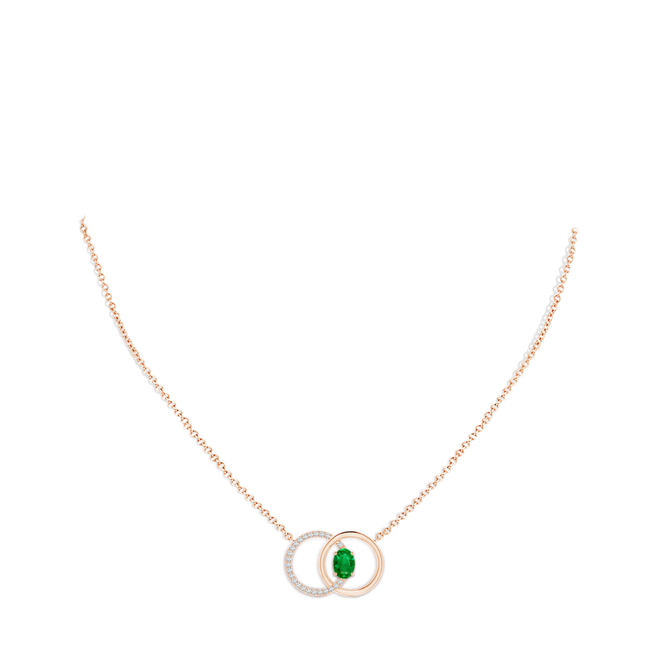 7x5mm AAAA Emerald Interlocking Circle Necklace with Diamond Accents in Rose Gold pen