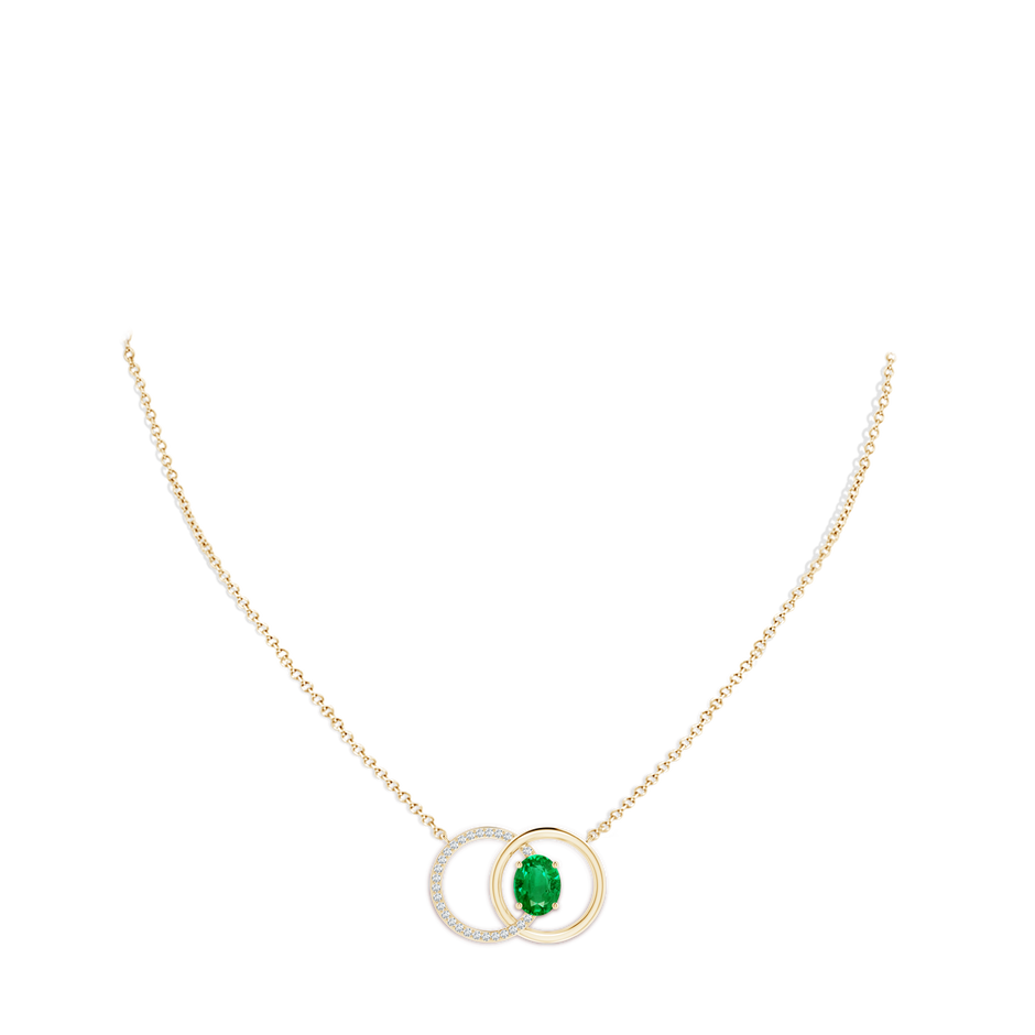 9x7mm AAA Emerald Interlocking Circle Necklace with Diamond Accents in Yellow Gold pen