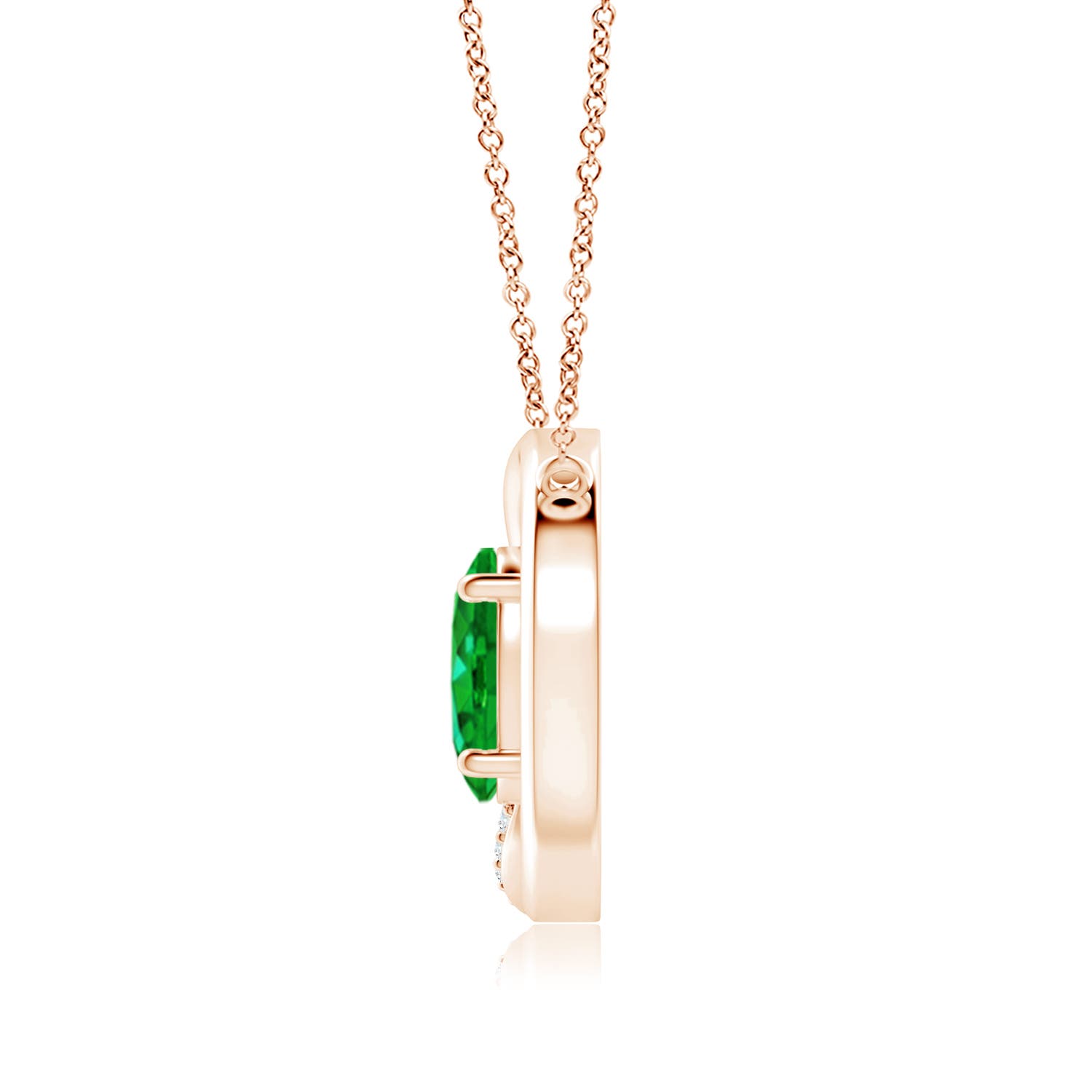 9x7mm AAAA Emerald Interlocking Circle Necklace with Diamond Accents in 18K Rose Gold