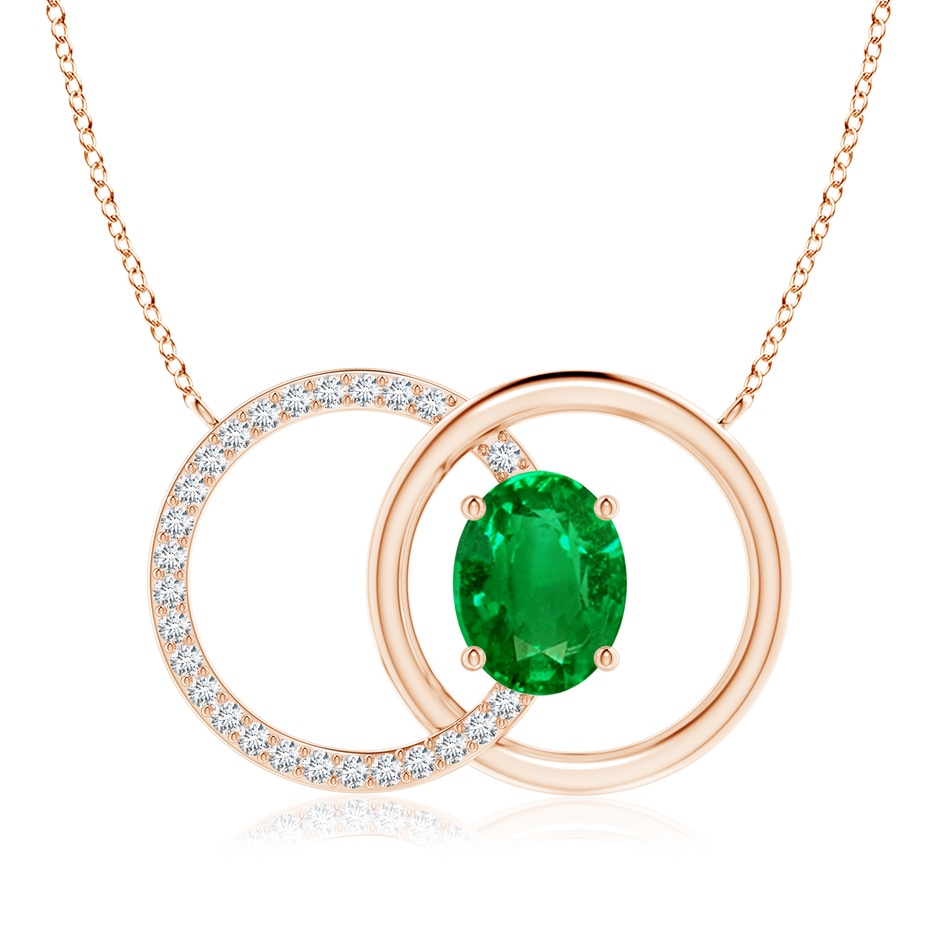 9x7mm AAAA Emerald Interlocking Circle Necklace with Diamond Accents in Rose Gold 