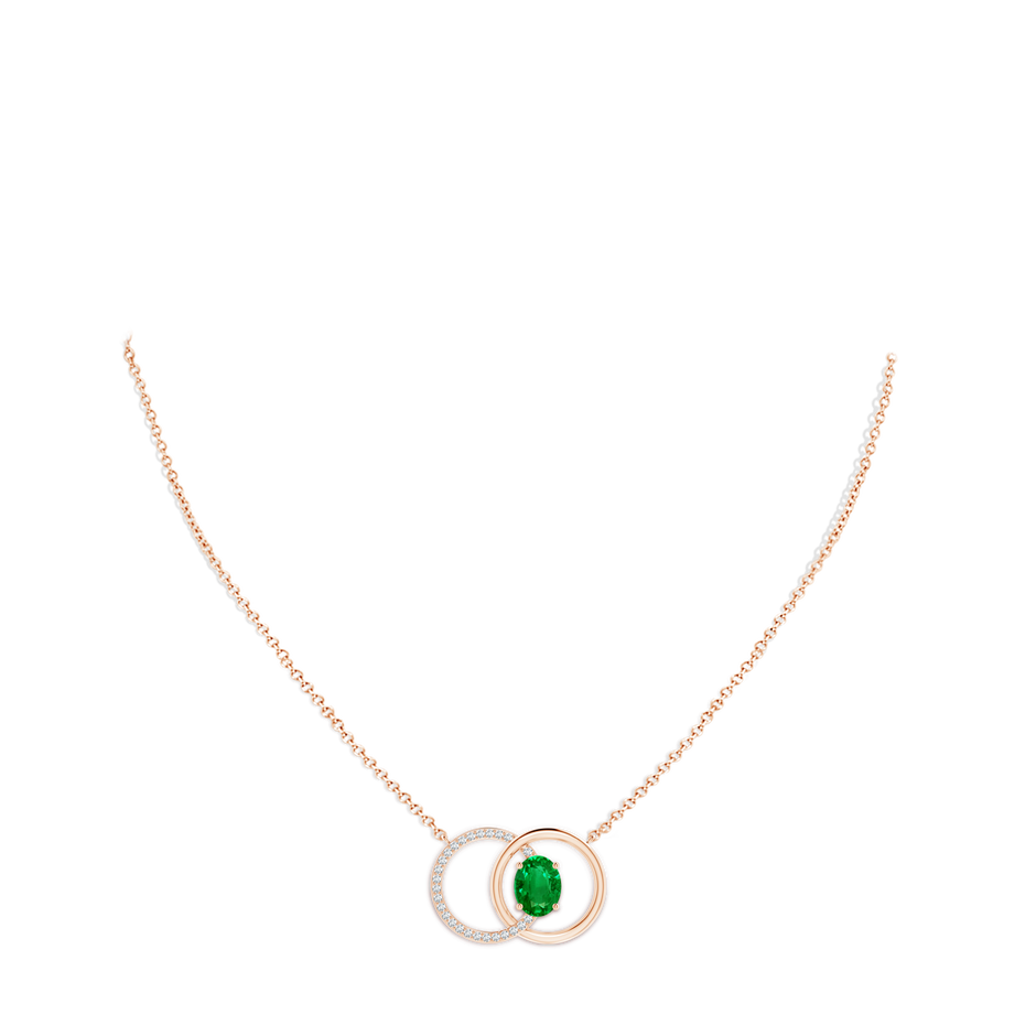 9x7mm AAAA Emerald Interlocking Circle Necklace with Diamond Accents in Rose Gold pen