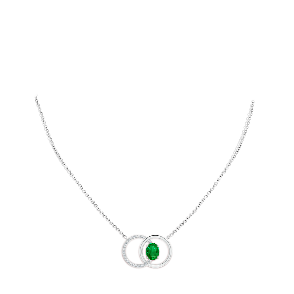 9x7mm AAAA Emerald Interlocking Circle Necklace with Diamond Accents in White Gold pen