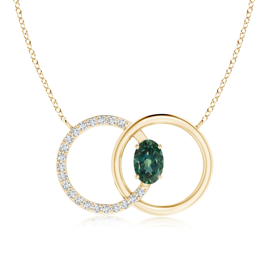6x4mm AA Teal Montana Sapphire Interlocking Circle Necklace with Diamonds in Yellow Gold 