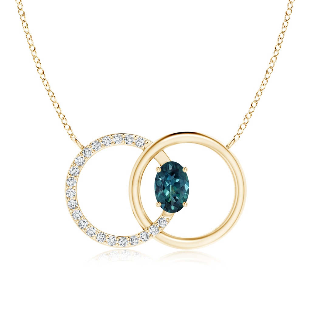 6x4mm AAA Teal Montana Sapphire Interlocking Circle Necklace with Diamonds in Yellow Gold
