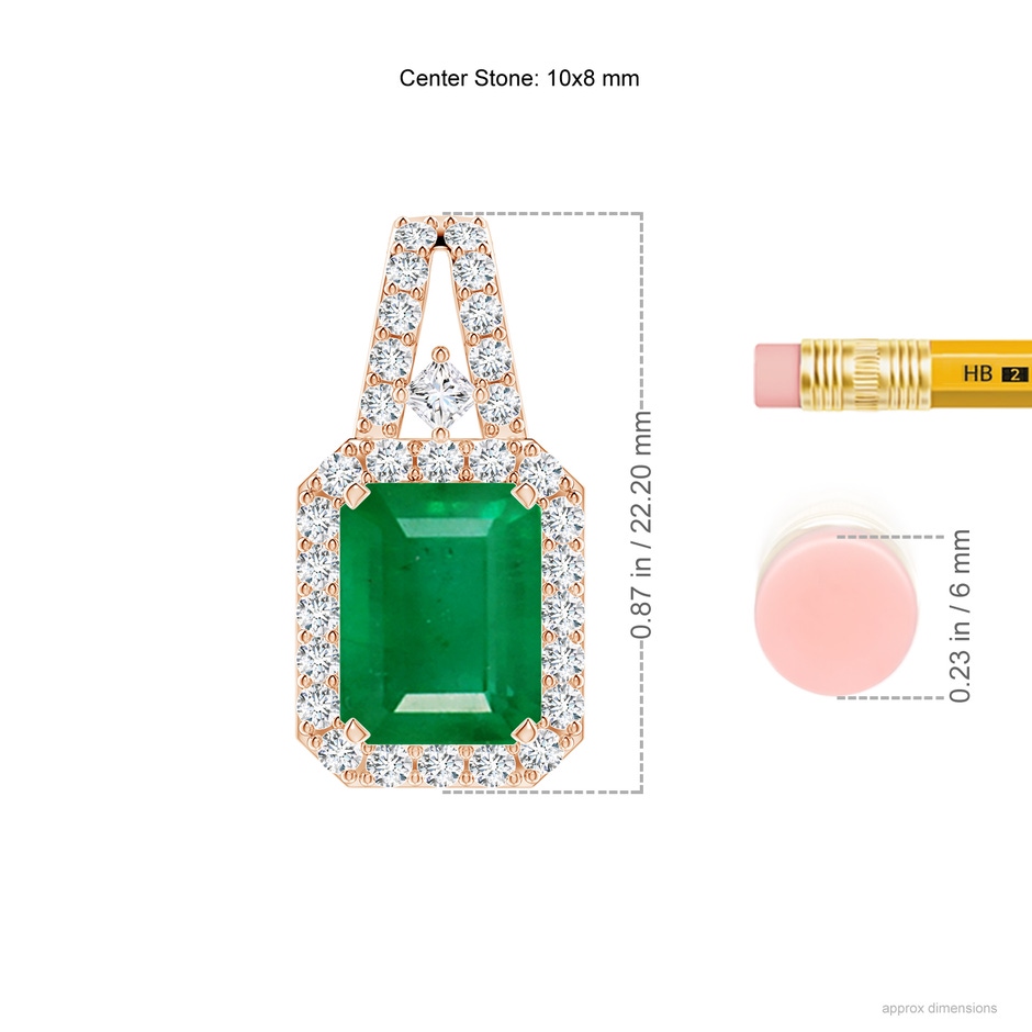 10x8mm AA Emerald-Cut Emerald Halo Pendant in Rose Gold ruler