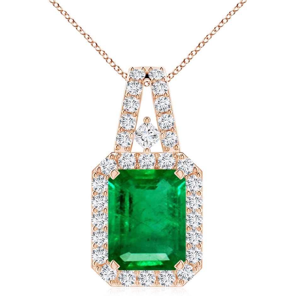 10x8mm AAA Emerald-Cut Emerald Halo Pendant in Rose Gold 