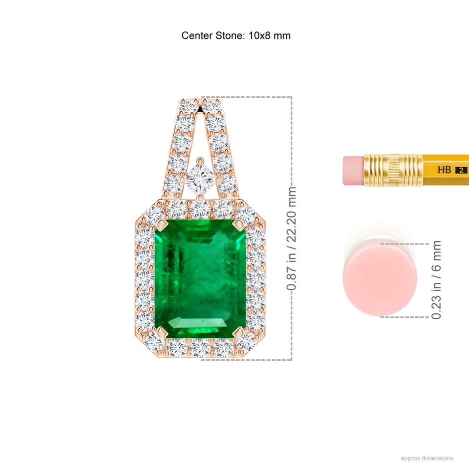 10x8mm AAA Emerald-Cut Emerald Halo Pendant in Rose Gold ruler