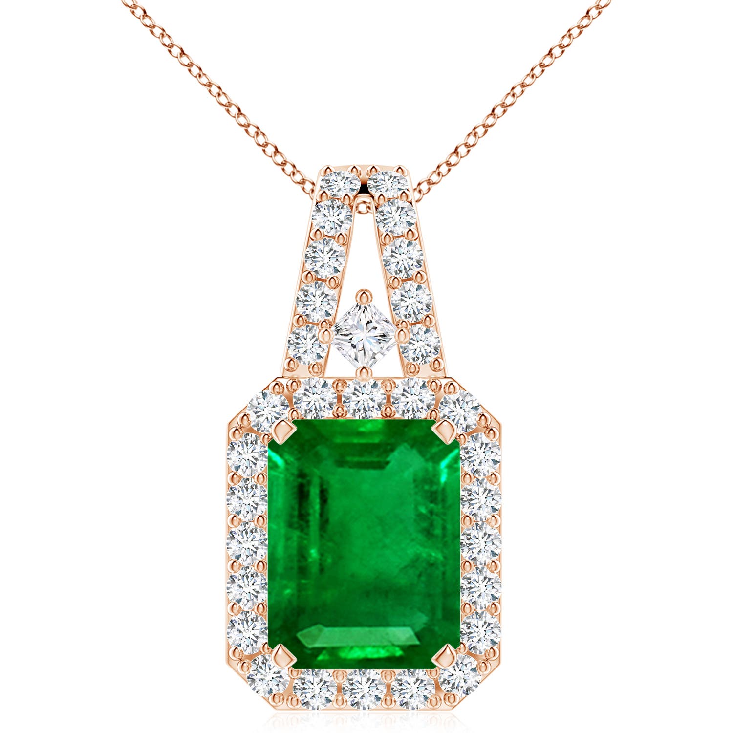 10x8mm AAAA Emerald-Cut Emerald Halo Pendant in Rose Gold