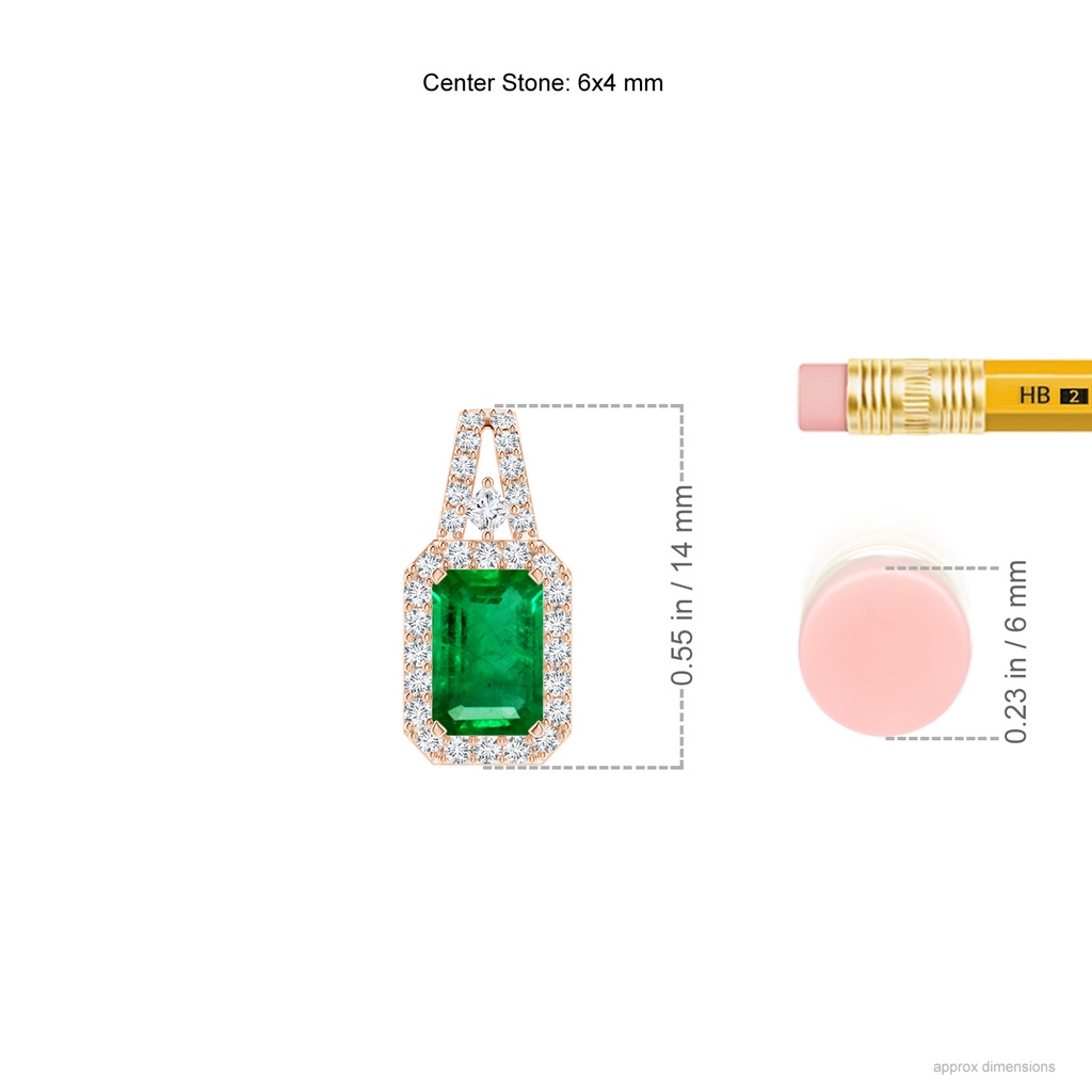 6x4mm AAA Emerald-Cut Emerald Halo Pendant in Rose Gold ruler