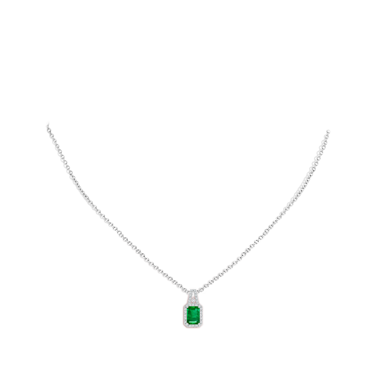 7x5mm AAA Emerald-Cut Emerald Halo Pendant in White Gold - body_neck